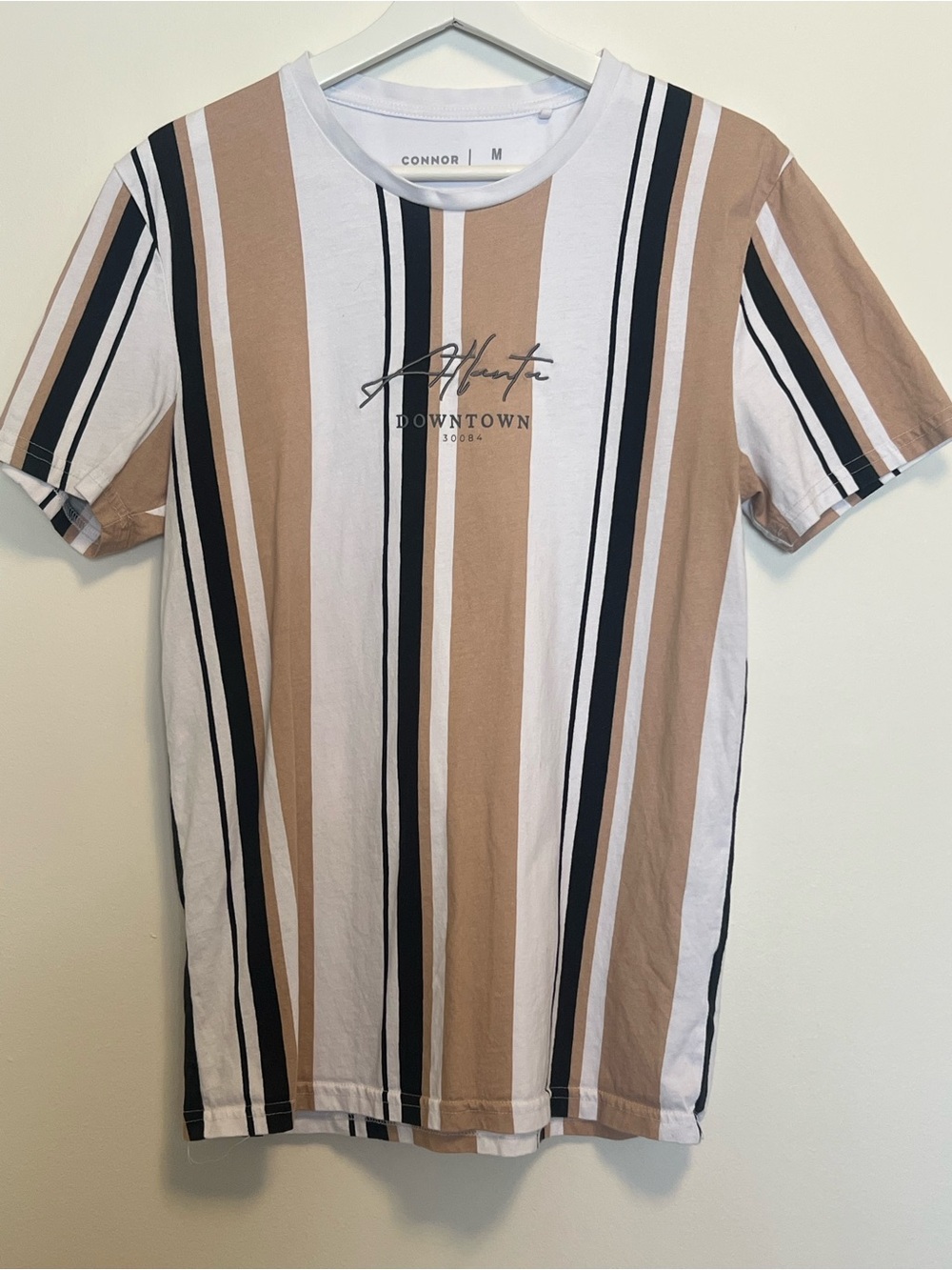 Connor Vertical Stripe T-Shirt Men’s Size M | White Tan Black‎ Crew Neck Casual
